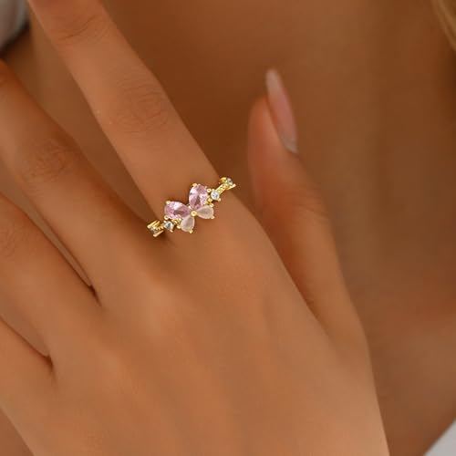 Adjustable Rings for Women 18K Gold Plated daisy Flower Butterfly Ball Cubic Zirconia Rings Dainty Open Stacking Ring - color: Pink Butterfly-Gold