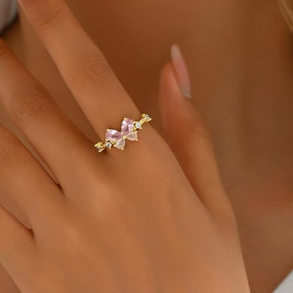 Adjustable Rings for Women 18K Gold Plated daisy Flower Butterfly Ball Cubic Zirconia Rings Dainty Open Stacking Ring - color: Pink Butterfly-Gold