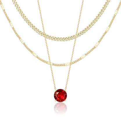 WomenGifts Layered Gold Necklaces for Women, 14K Gold Sterling Silver Plated Dainty Pendant Necklace Set Non Tarnish, Chunky Stackable Cuban Chain Choker, Trendy Birthstone Vacation Jewelry Gift - color: Gold, style: Cubic Zirconia-Created Ruby-July