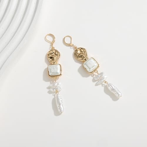 Statement Pearl Dangle Earrings,Gold and Large Pearl,Luxury Chandelier Organic Style Earrings - color: K gold and white