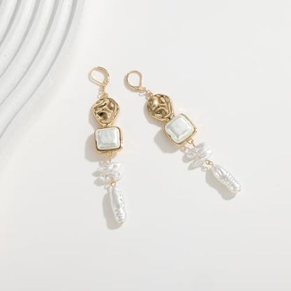 Statement Pearl Dangle Earrings,Gold and Large Pearl,Luxury Chandelier Organic Style Earrings - color: K gold and white