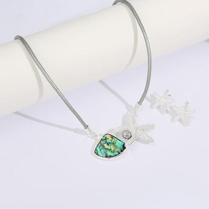 Chunky Statement Jewelry Set Blue Ocean Seashell Choker Necklaces Earrings Set for Women Pearl Bib Collar Necklaces for Party Prom Pageant Summer Fashion Jewelry Unique Birthday Gift - style: starfish abalone shell JS silver grey