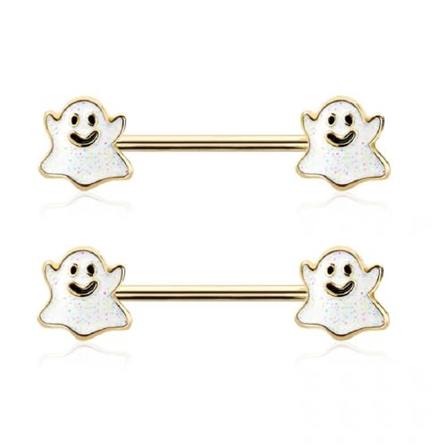 Pierced Owl 14GA 316L Stainless Steel Happy Little Ghost Ends Nipple Barbells, Sold as a Pair - style: Gold Tone