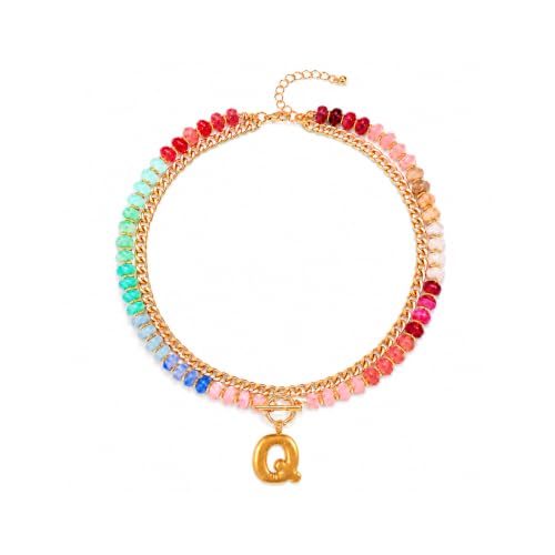 Colorful Beaded Bubble Letter Necklace For Women, Boho Double Layer Dopamine Rainbow Resin Beads Thick Cuban Chain Chunky With Initials Pendant Necklaces Summer Beach Jewelry Gift ﻿ - color: Dop Q