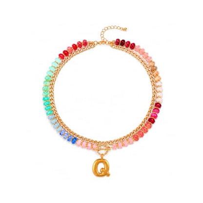 Colorful Beaded Bubble Letter Necklace For Women, Boho Double Layer Dopamine Rainbow Resin Beads Thick Cuban Chain Chunky With Initials Pendant Necklaces Summer Beach Jewelry Gift ﻿ - color: Dop Q