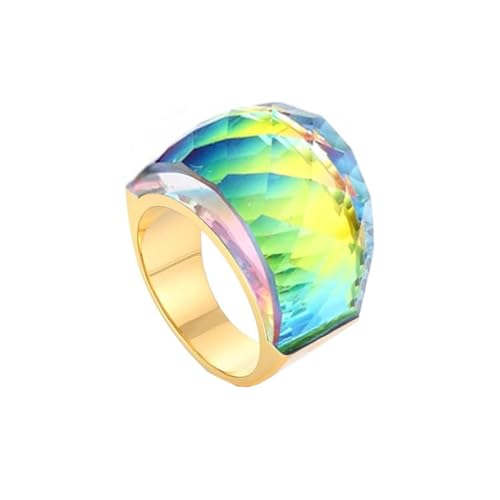 Oversize Crystal Glass Rhinestone Statement Ring Stainless Steel Pink Royal Purple Rainbow Cubic Zirconia Chunky Wedding Band for Women Cocktail Party Ring for Ladies Birthday - color: Gold Rainbow Stone