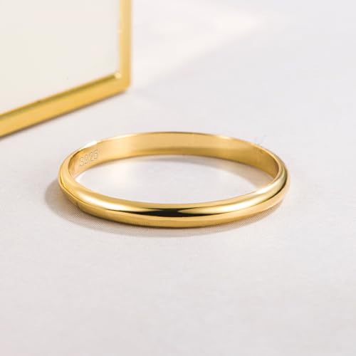 Dankadi Simple Fashion S925 Sterling Silver Ring Smooth Plain Dome Comfort Solid Silver Wedding Ring For Men & Women 3.5 mm 3-13# 24k Real Gold Plated Jewelry - color: 2MM Gold