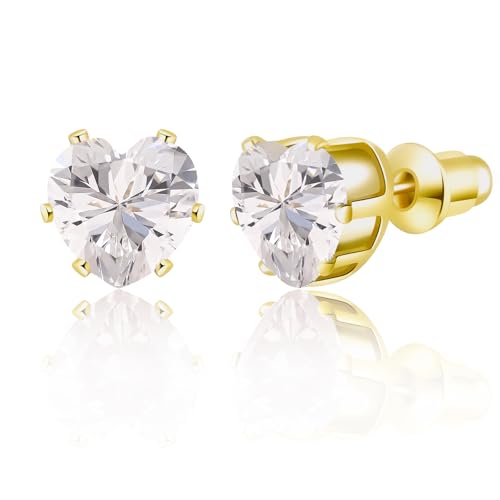 8mm Heart-Cut Birthstone Stud Earrings for Women – 18K Gold Plated Hypoallergenic Cubic Zirconia Earrings, Nickel Free, 12 Months Colors, Everyday Jewelry, Gift for Her, Bridal, Birthday, Christmas - color: 04 Apr White