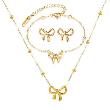 Gold Bow Necklace Bracelet Earrings Set for Women Bowknot Choker Necklace Ribbon Stud Earrings Silver Bow Bracelet Christmas Holiday Jewelry - color: Gold