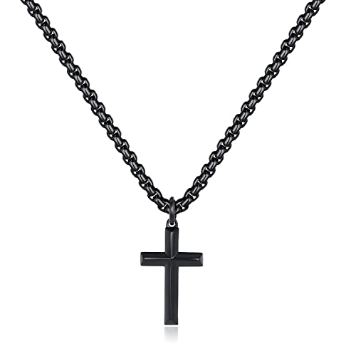 REVEMCN Black Gold Silver Cross Necklace for Boys Stainless Steel Mens Cross Pendant Chain Necklace for Men Women Religious Jewelry Gifts for Boys Girls Chain 16-24 Inches - color: Black - 0.8'' × 0.5'' beveled cross pendant, size: 16 inches