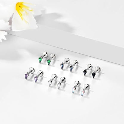 BelezaDosas G23 Hypoallergenic 18g Flat Back Studs Earrings F136 Implant Grade Titanium Tiny Press Fit Threadless Push in Cartilage Helix Labret Lip Conch Tragus Piercing Jewelry - style: BD-Rhombus-clear
