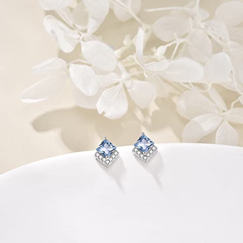 Birthstone Stud Earrings Sterling Silver Square Created Crystal Earrings Cubic Zirconia Hypoallergenic Piercing Jewelry Small Gifts for Women Mothers - color: Mar-Aquamarine