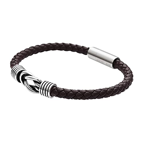 Geoffrey Beene Men's Braided Genuine Leather Knot Bracelet with Stainless Steel Closure - color: Brown