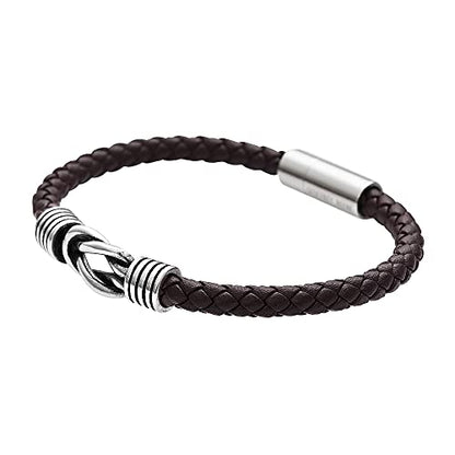 Geoffrey Beene Men's Braided Genuine Leather Knot Bracelet with Stainless Steel Closure - color: Brown