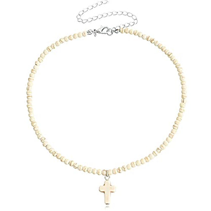 Small Dainty Cross Necklace Pendant Bohemian Turquoise Seed Bead Beaded Necklace Choker for Women Men Faith Jewelry Gift - color: 01 White