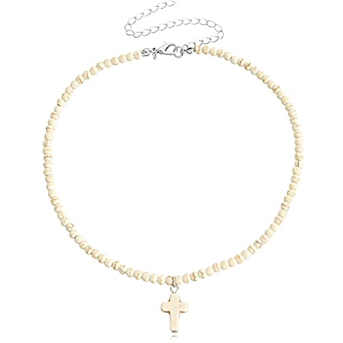 Small Dainty Cross Necklace Pendant Bohemian Turquoise Seed Bead Beaded Necklace Choker for Women Men Faith Jewelry Gift - color: 01 White