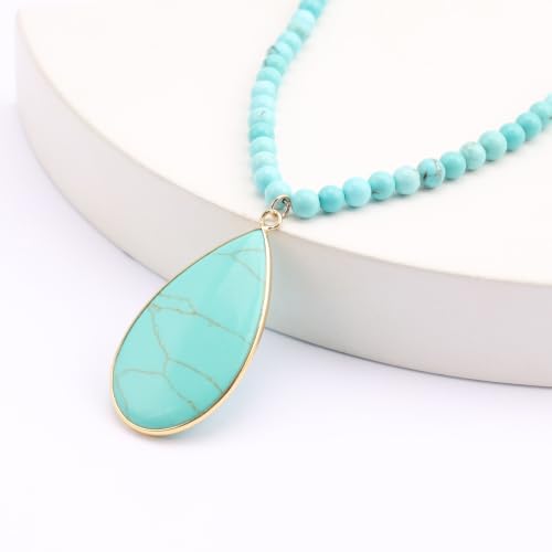 BaubleStar Teardrop Natural Crystal Healing Stone Pendant Necklace | Birthstone Quartz Necklace for Women, Multi-Color Available - color: Turquoise/Beaded Chain