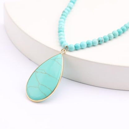 BaubleStar Teardrop Natural Crystal Healing Stone Pendant Necklace | Birthstone Quartz Necklace for Women, Multi-Color Available - color: Turquoise/Beaded Chain