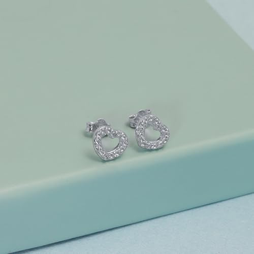 LeCalla 925 Sterling Silver CZ Stud Earrings for Women | Cubic Zirconia Halo & Heart Stud Earring | Rhodium-Plated Silver Jewelry for Her Mom Wife - color: Open Heart Studs