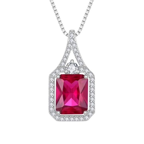 Created Gemstone Necklace 925 Sterling Silver Halo Rectangular Pendant Birthstone Necklaces Jewelry Gifts for Women - color: 07 July - Ruby
