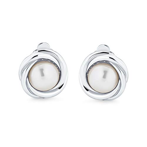 Classic Faux White Pearl Clip On Earrings Cable Bezel Set Rhodium Plated