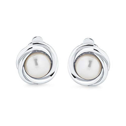 Classic Faux White Pearl Clip On Earrings Cable Bezel Set Rhodium Plated