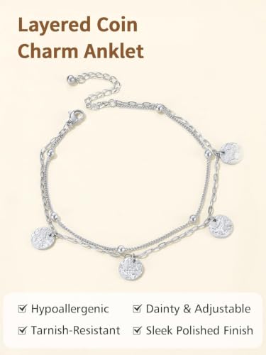 FindChic Ankle Bracelets for Women, Silver/Black/Gold Plated Layered Stainless Steel Anklets, Non-Tarnish Adjustable Waterproof Trendy Foot Jewelry for Beach Summer - style: Layered Coin Charm-Silver