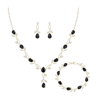 Crysdue Wedding Jewelry Set for Brides Bridesmaid, Cubic Zirconia Teardrop Marquise Leaf Cluster Pendant Necklace Bridal Tennis Bracelet Drop Earrings for Women Party Prom - style: A- CZ set-black, gold