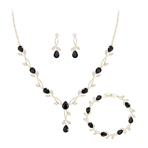 Crysdue Wedding Jewelry Set for Brides Bridesmaid, Cubic Zirconia Teardrop Marquise Leaf Cluster Pendant Necklace Bridal Tennis Bracelet Drop Earrings for Women Party Prom - style: A- CZ set-black, gold