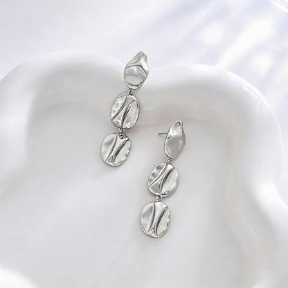 Gold Dangle Earrings for Women,Chunky 14K Gold Plated Drop Dangle Stud Earrings Long Statement Hammered Earring Hypoallergenic Jewelry for Women Gifts - style: Irregular Hammered-Silver