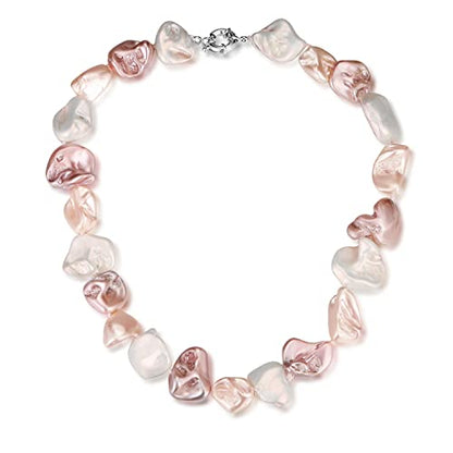 Pearl Choker Necklace for Women Boho Beaded Statement Necklace with Black White Large Freshwater Pearls Silver Fashion Jewelry Gift - color: White pink