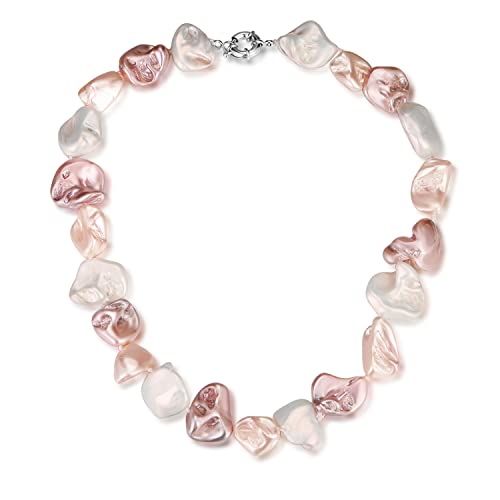 Pearl Choker Necklace for Women Boho Beaded Statement Necklace with Black White Large Freshwater Pearls Silver Fashion Jewelry Gift - color: White pink
