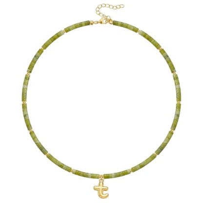 KELORIS PATH Beaded Initial Necklace for Women, 14K Gilded Plated Bubble Letter Pendant Natural Handmade Stone Choker Boho Colorful Summer Beach Jewelry Gift - color: Green Aventurine, style: Letter T