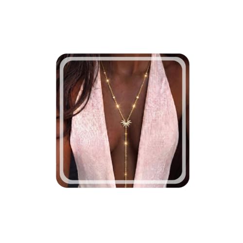 Gmai Long Necklaces for Women 14K Gold Plated Y-Shaped Drop Chain Layered Lariat Long Necklace Dainty Cross Pendant Necklace Trendy Everyday Wear Gift - color: Golden Moon Flower