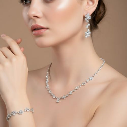 Silver Jewelry Sets for Women Rhinestone Necklace Dangle Earrings Bracelet Set Bridal Wedding Jewelry Sets for Brides Bridemaid Prom Costume Accessories Jewelry - style: Silver Jewelry Set style1