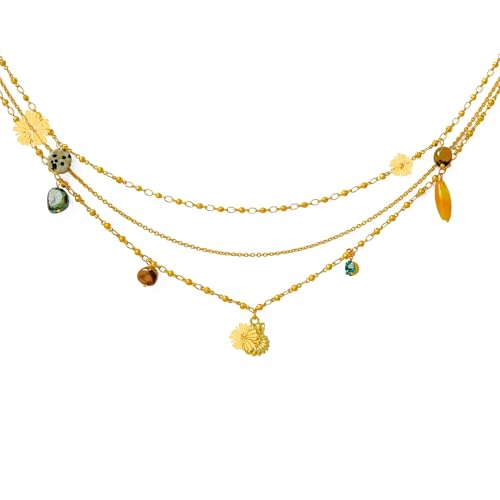 Bohemian Triple Layered Necklace fo r Women, 18K Gold Plated Brass Multi-Strand Choker with Flower Charm & Mixed Natural Stones, Dalmatian Jasper Turquoise Tiger Eye Pendant, Summer Beach Jewelry Gift