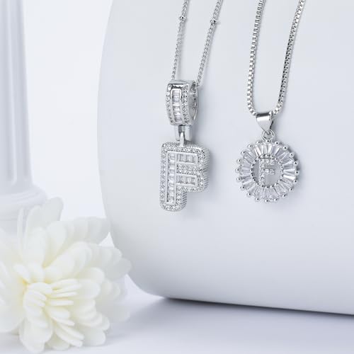 14K Gold Plated Alphabet Necklace Cubic Zirconia Letter Pendant, Personalized Name Jewelry Gift for Women, Customizable A-Z, Birthday/Mothers Day Gifts for Womens - color: White Gold, style: Style-F