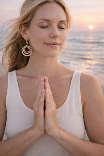 Handmade Sunrise Earrings – Cape Cod USA Award-Winning Artist Judith Stiles – Lightweight Mixed Metal Dangle Earrings – Hammered Brass, Copper & Silver Tone Circles – Coastal Beach Jewelry, Bohemian Style with a Yoga Heart – A Great Gift for Women