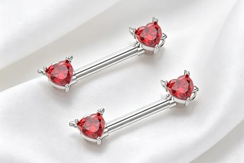 HQLA 14G Dainty CZ Love Heart Nipple Rings Tongue Ring Surgical Steel Nipple rings Piercing Women Barbells 2Pcs 25/8"(16mm) - style: Red Devil Heart