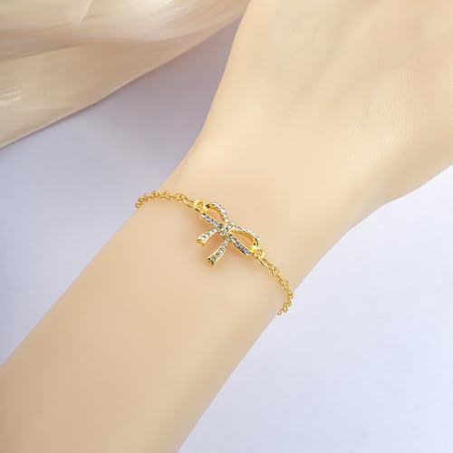 Gold Bow Necklace Bracelet Earrings Set for Women Bowknot Choker Necklace Ribbon Stud Earrings Silver Bow Bracelet Christmas Holiday Jewelry - color: Gold-1