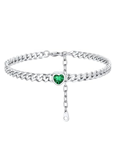 ChainsHouse Cuban Chain Anklets for Women with Heart Birthstone Jan - Dec | Stainless Steel Black Link Chain Ankle Bracelet with Birthstone, Beach Women Anklet 22cm-27cm Adjustable, with Gift Box - color: 05. May-Emerald-Steel