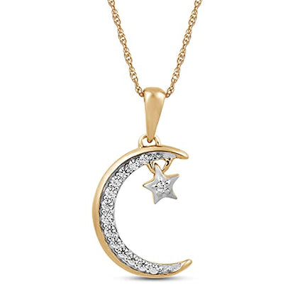 Jewelili 10K Yellow Gold Moon & Star Diamond Pendant Necklace for Women, 1/10 CTTW Natural White Round Diamonds, 18" Gold-Filled Rope Chain, Gift Box Included