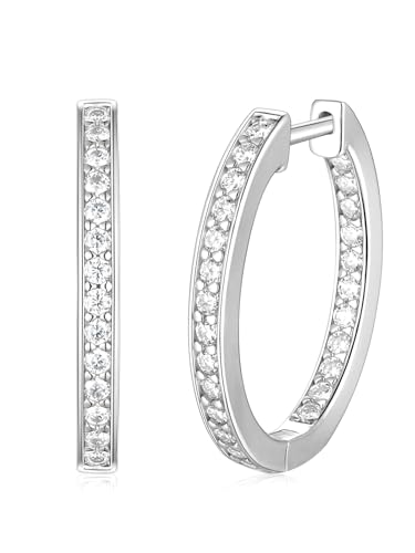Moissanite Hoop Earrings for Women, 3.5ct/0.76ct D Color VVS1 Yellow Gold Plated Earrings, 925 Sterling Silver Inside Out Round Loops/Six Stone 20mm Hoops, Birthday Christmas Valentines Jewelry - color: White Gold - Pave