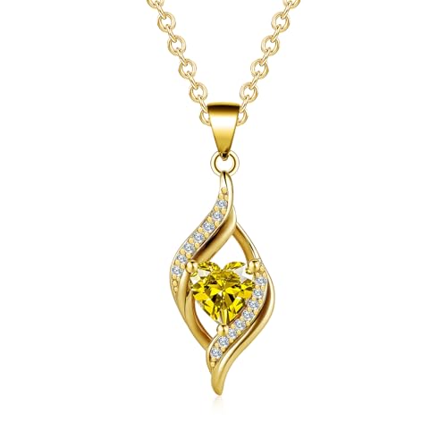 Birthstone Necklace for Women, 14K Gold Plated Heart Cubic Zirconia Pendant, Dainty Birthstone Jewelry Necklace Gifts for Birthday, Valentine’s Day Mother's Day - color: November-Citrine