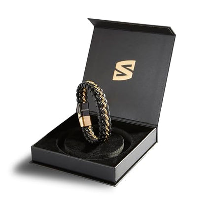 SERASAR | Premium Genuine Leather Bracelet [Steel] for Men in Black | Magnetic Stainless Steel Clasp in Black, Silver and Gold | Exclusive Jewellery Box | Great Gift Idea - color: Gold/Black, size: 23cm
