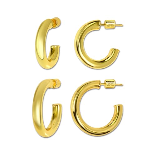 Small Gold Hoop Earrings for Women | 18K Gold Plated Non Tarnish Hoops, Classic Polished Huggie Earrings, 925 Sterling Silver Base, Twist Hoop. (4x20mm & 4x25mm, 3x15mm & 3x20mm) - color: Gold, size: Polish Hoop (4x20mm & 4x25mm)