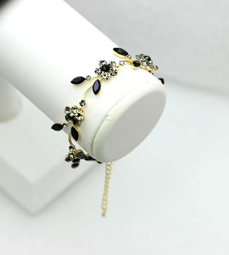 Faship Gorgeous Rhinestone Crystal Floral Necklace Earrings Set - color: Black / gold plated / Matching Bracelet