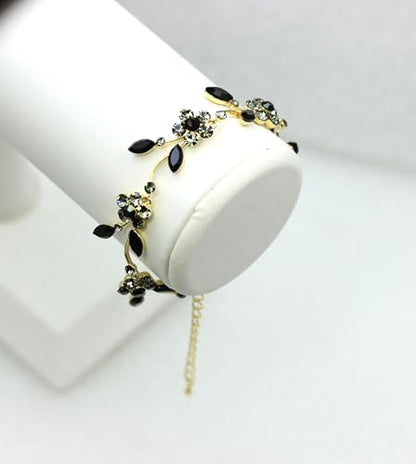 Faship Gorgeous Rhinestone Crystal Floral Necklace Earrings Set - color: Black / gold plated / Matching Bracelet