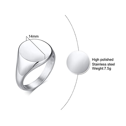 HIJONES Mens Stainless Steel Signet Ring Matte Brushed Square | Simple Statement ,Wedding Band,Polished Round - color: 14mm-Silver