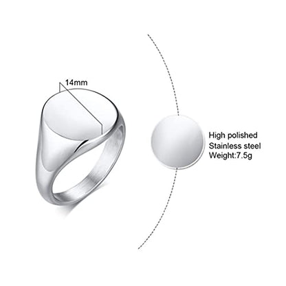 HIJONES Mens Stainless Steel Signet Ring Matte Brushed Square | Simple Statement ,Wedding Band,Polished Round - color: 14mm-Silver